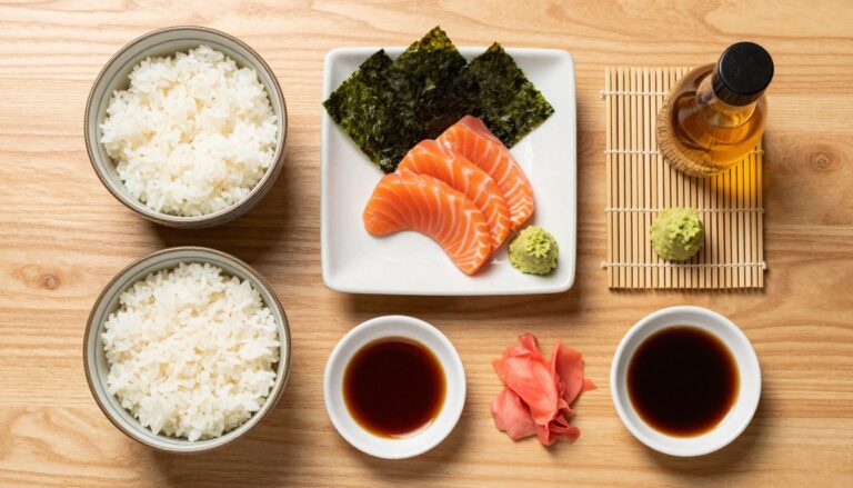 ingrediente sushi autentic așezate pe masă tradițională japoneză