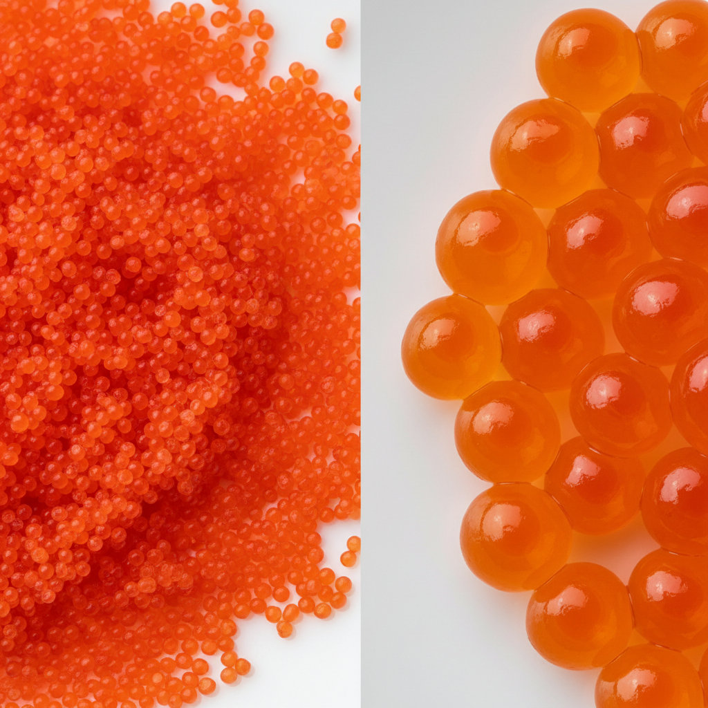 Comparație macro între dimensiunea tobiko și ikura — diferența de mărime