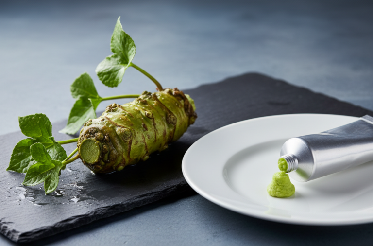Wasabi adevărat – rădăcină de Wasabia japonica proaspătă comparativ cu pasta verde din tub