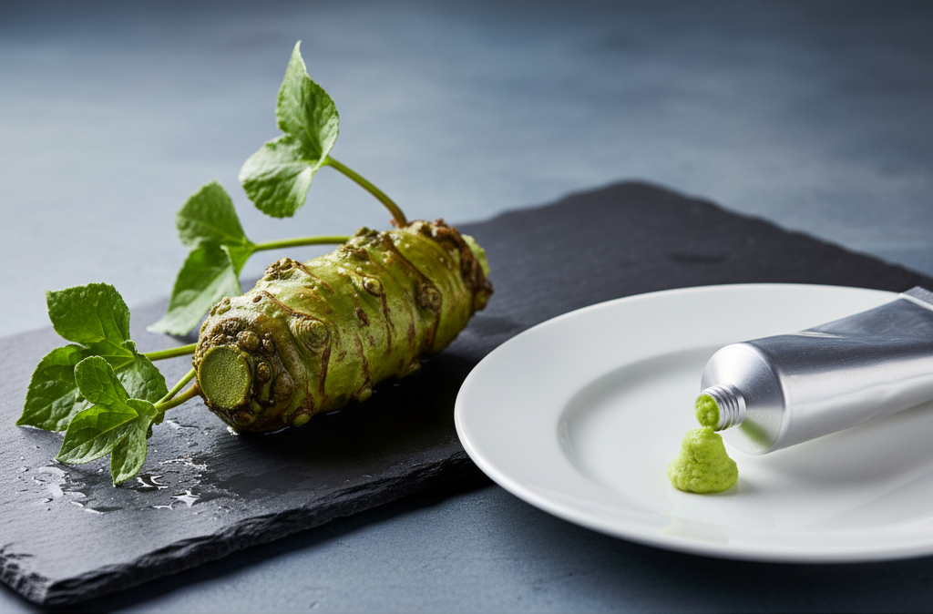 Wasabi adevărat – rădăcină de Wasabia japonica proaspătă comparativ cu pasta verde din tub