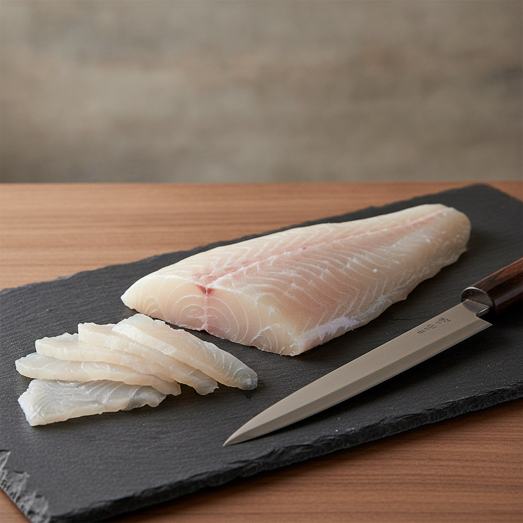 File de butterfish (escolar) crud, feliat subțire pentru sashimi pe o tablă de ardezie