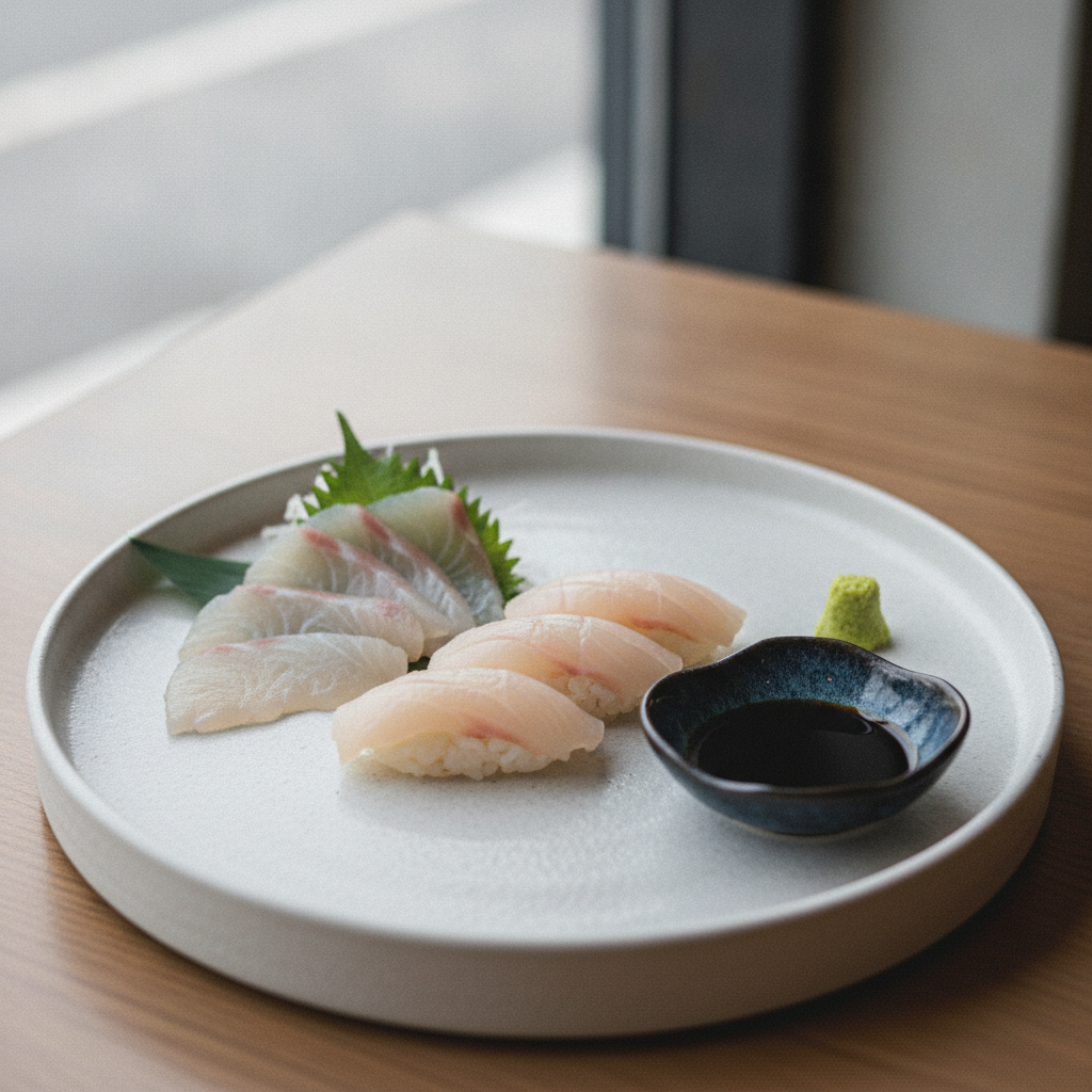 Nigiri și sashimi de butterfish servite pe o farfurie ceramică cu wasabi și sos de soia