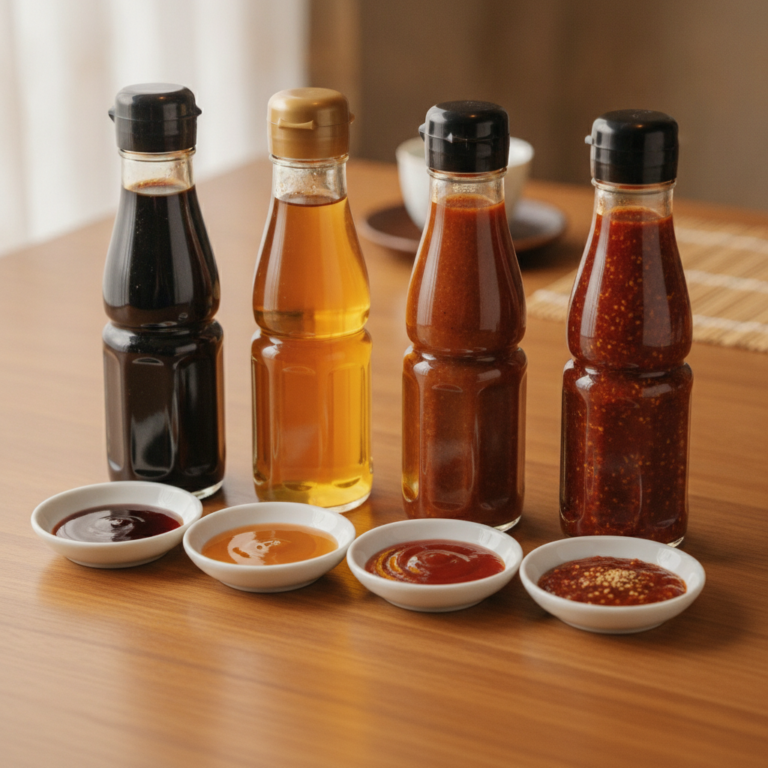 Sortiment de sosuri japoneze — unagi, teriyaki, yakisoba și yakiniku — în sticle și boluri mici