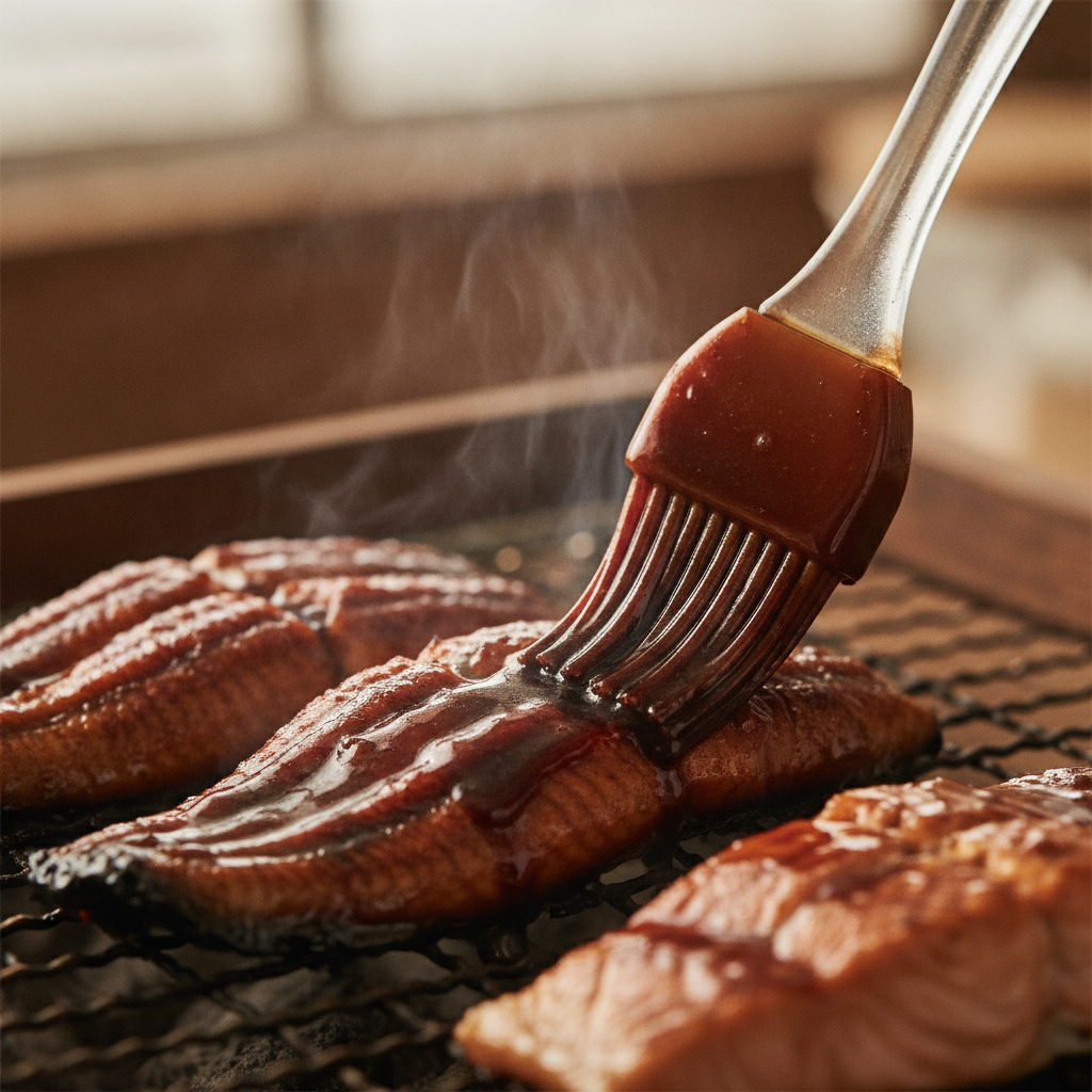 Sos unagi glazurat cu pensula peste pește la grătar, glazură lucioasă caramelizată