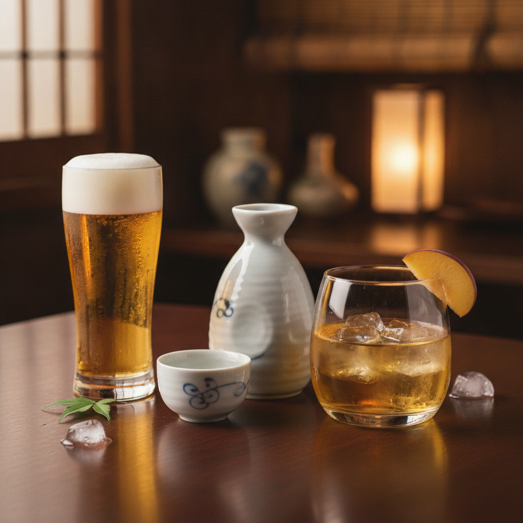 Băuturi japoneze: carafă de sake, pahar de vin de prune umeshu cu gheață și bere japoneză rece