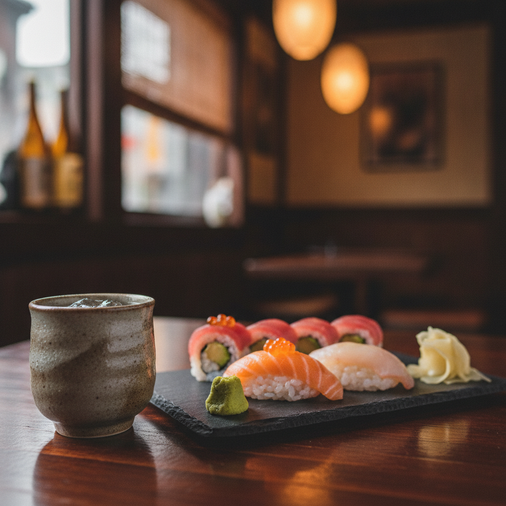 Pahar de sake rece servit alături de o farfurie de sushi pe o masă de lemn
