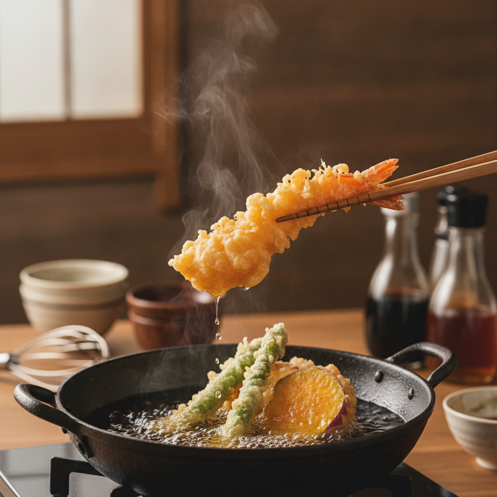 Tempura crocantă de creveți și legume ridicată din uleiul încins cu bețișoare