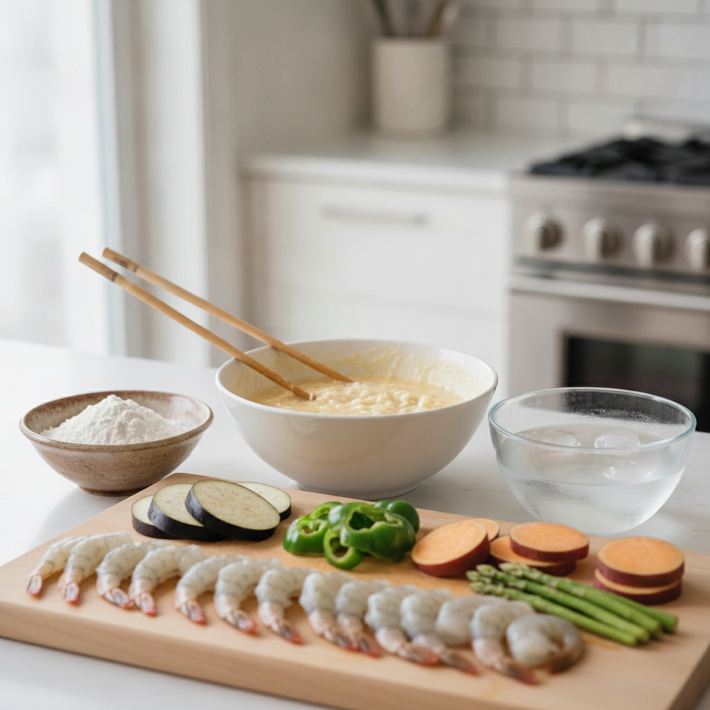 Aluat de tempura amestecat cu apă rece, alături de făină tempura și ingrediente pregătite