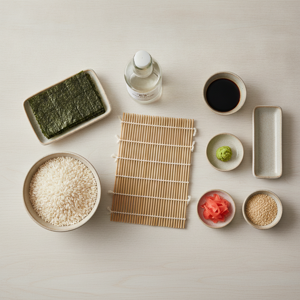 Ingredientele de bază pentru sushi: orez, alge nori, oțet de orez, sos de soia, wasabi și ghimbir murat