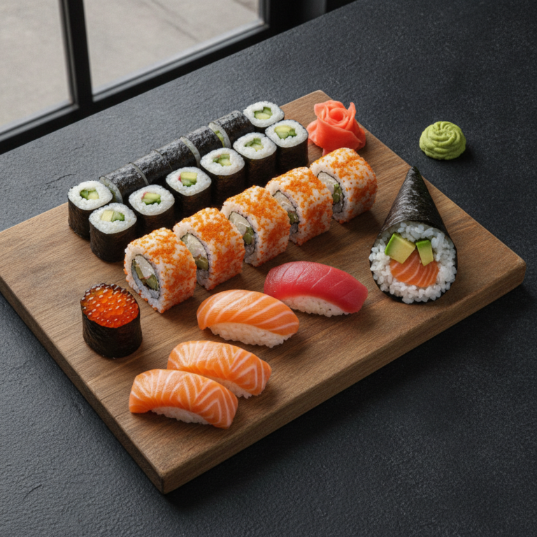 Platou cu toate tipurile de sushi: maki, uramaki, nigiri, gunkan, temaki și sashimi