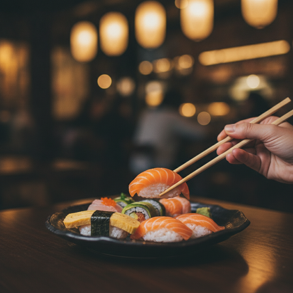 Mână ținând corect bețișoarele și ridicând un nigiri cu somon de pe platou