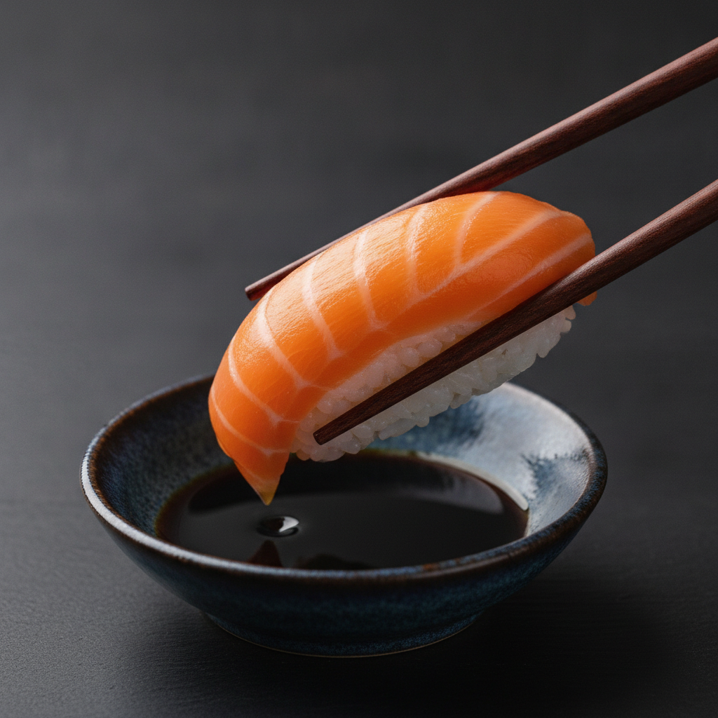 Nigiri întors cu partea de pește în jos, atins delicat de sosul de soia — modul corect de înmuiere