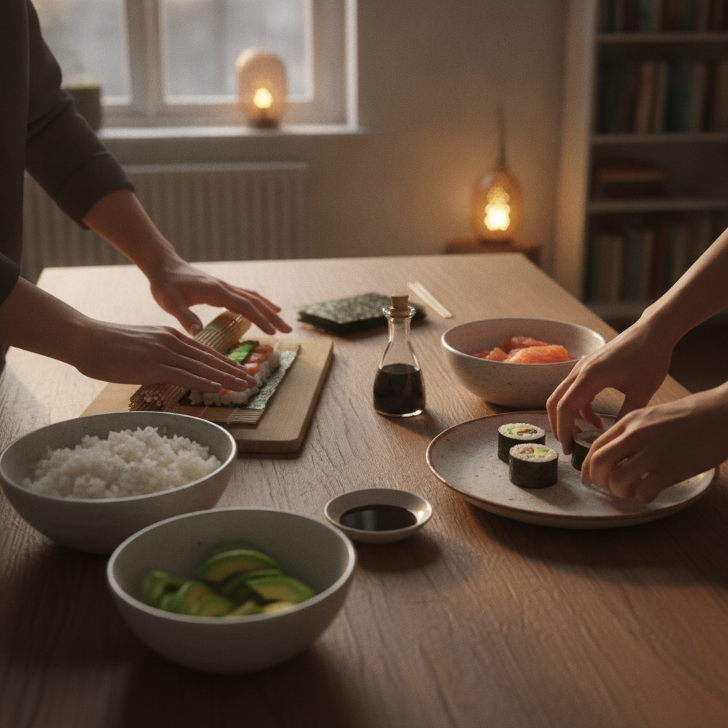 Masă de sushi făcută acasă: mâini rulând maki pe rogojină, ingrediente proaspete pe masă