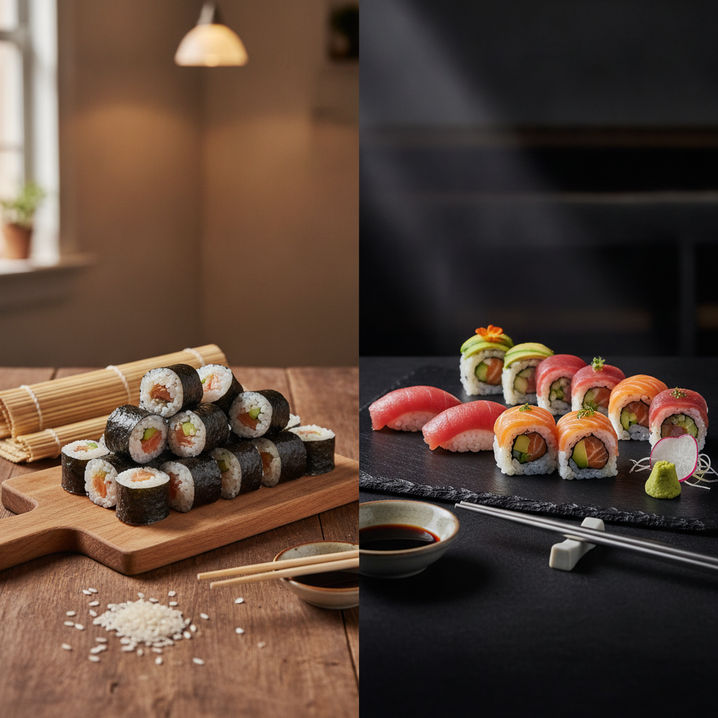 Comparație vizuală: sushi făcut acasă pe masa din bucătărie versus platou elegant de restaurant