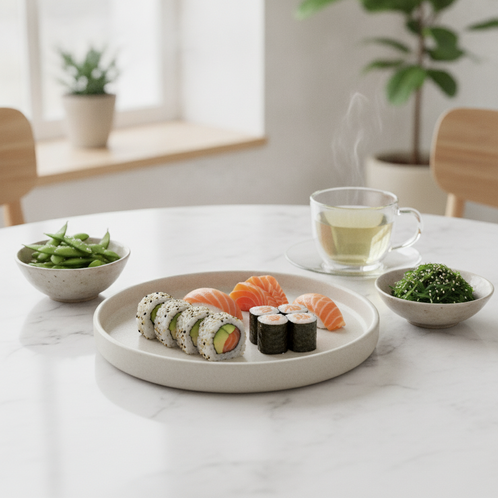 Platou de sushi proaspăt și echilibrat cu somon, avocado și edamame, alături de ceai verde