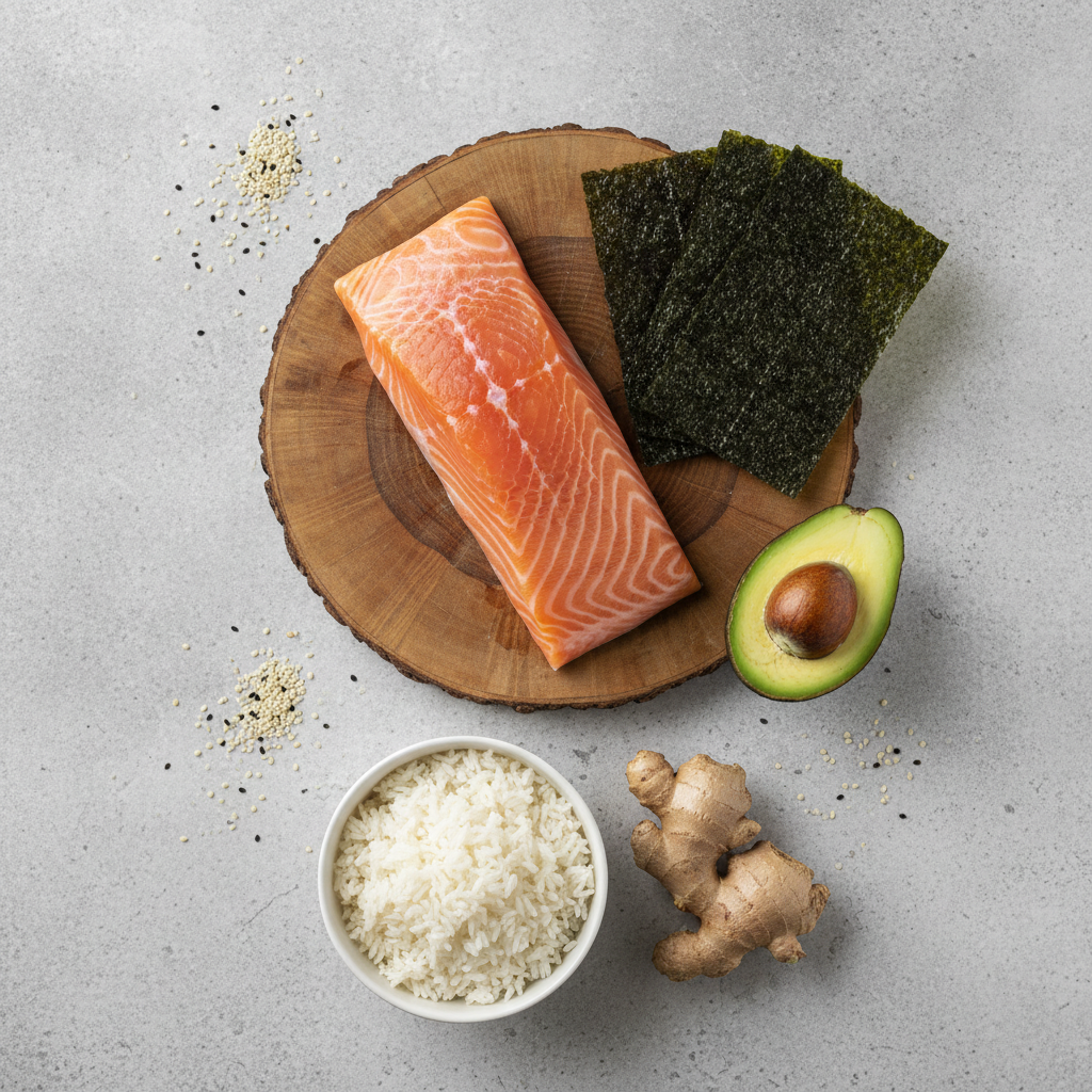 File de somon proaspăt cu avocado, alge nori și bol de orez — sursele de nutrienți din sushi