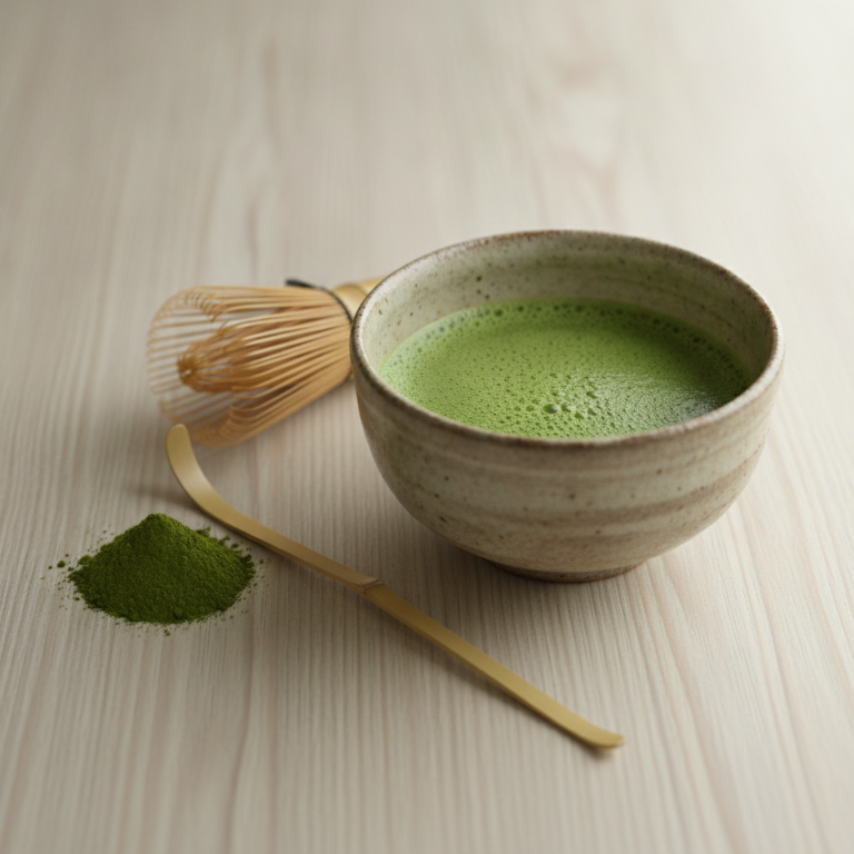 Bol japonez cu matcha bătută, spumă fină verde, tel de bambus și pudră de matcha