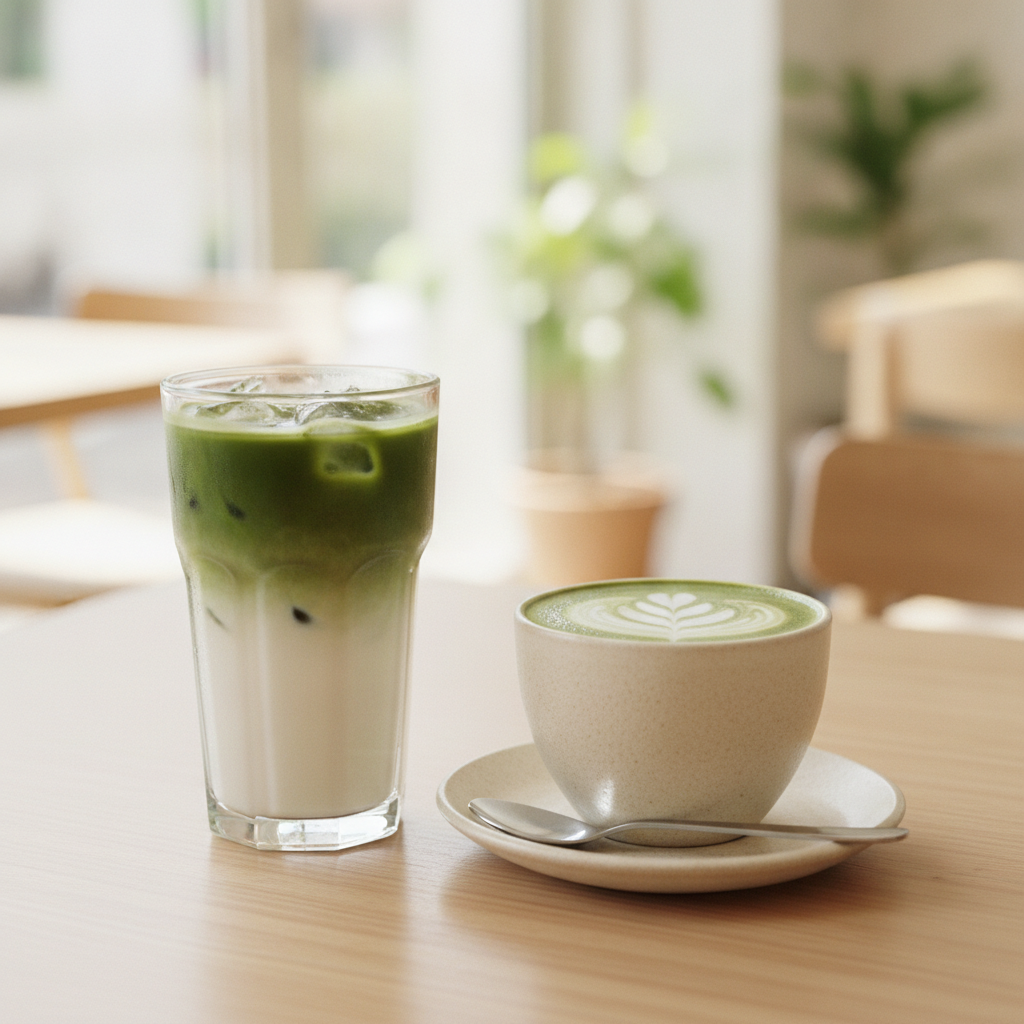 Matcha latte cu gheață în pahar înalt, cu straturi de lapte și matcha, lângă o cană de matcha latte caldă