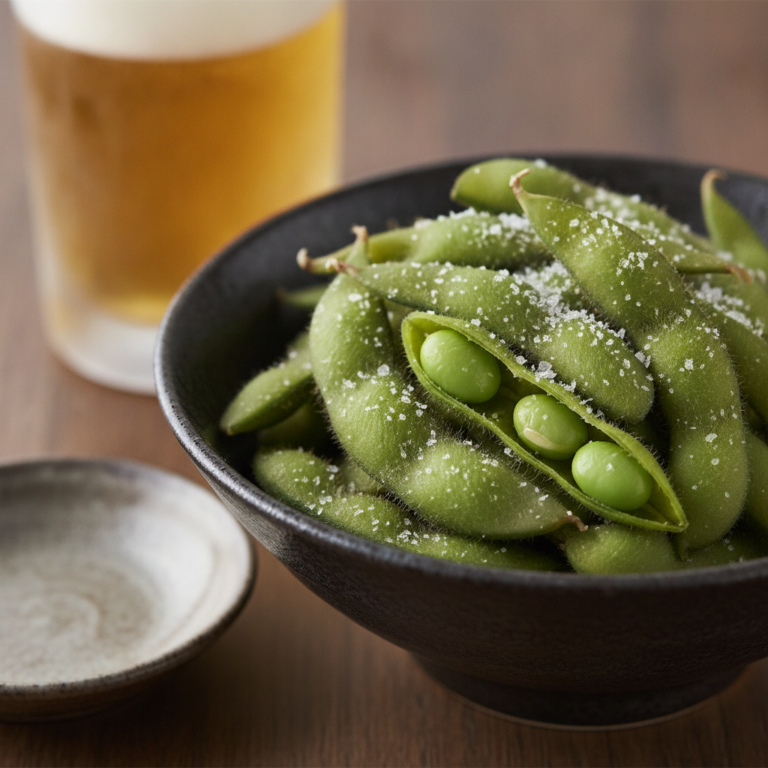 Bol cu păstăi de edamame fierte, presărate cu sare de mare grunjoasă, în stil izakaya japonez