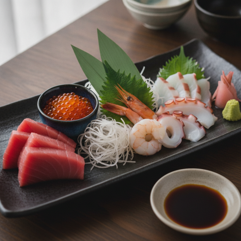 Platou de sashimi cu ton, icre de somon, caracatiță, sepie și creveți ebi, cu daikon, wasabi și ghimbir