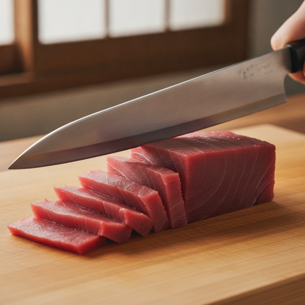 Cuțit japonez lung tăind un bloc de ton crud în felii egale de sashimi pe un tocător de lemn
