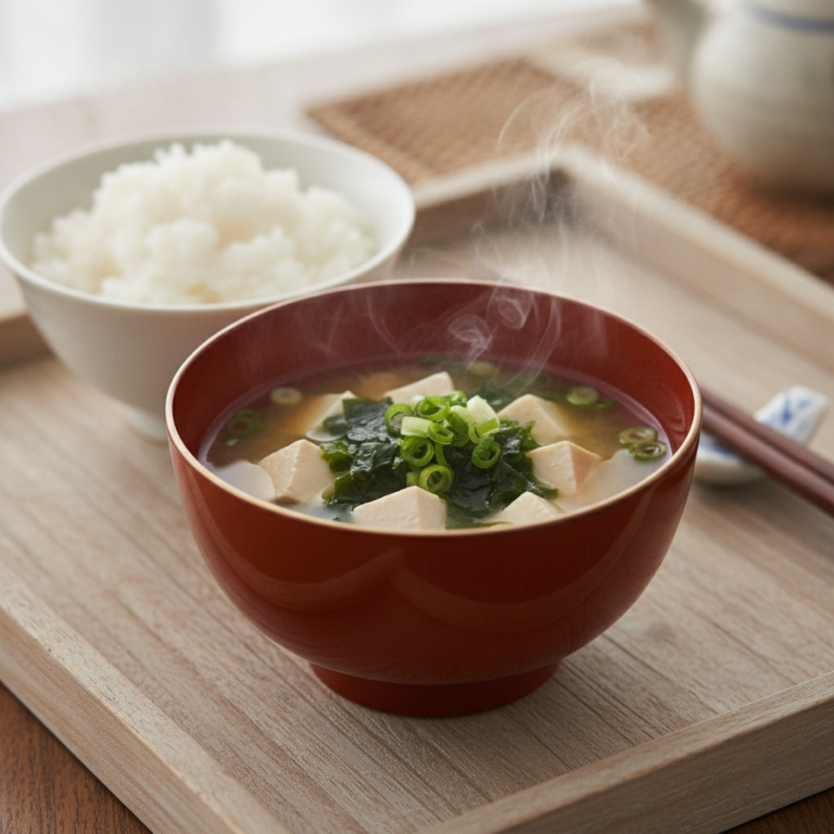 Bol tradițional japonez cu supă miso, cubulețe de tofu, alge wakame și ceapă verde