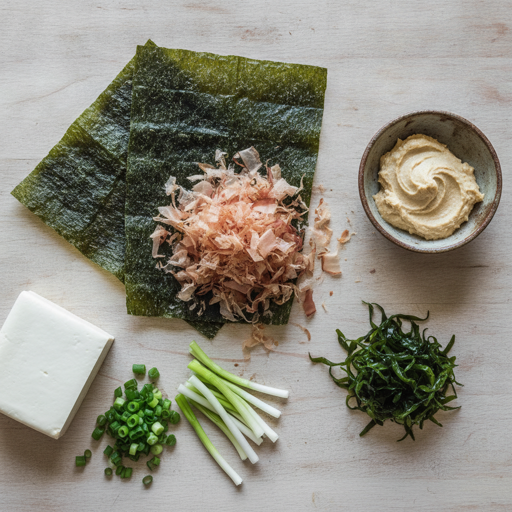 Ingrediente pentru dashi și supă miso: alge kombu, fulgi de bonito, pastă miso albă, wakame, tofu și ceapă verde
